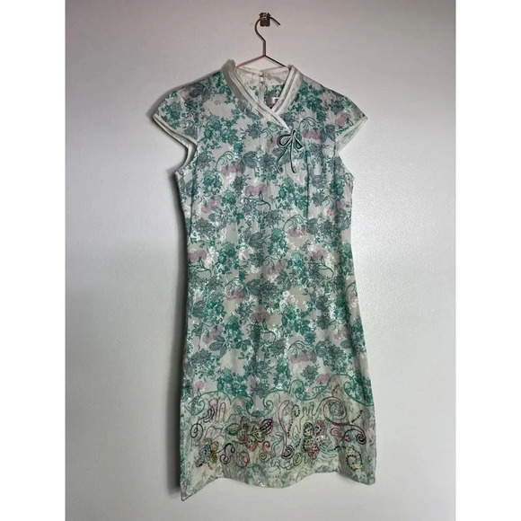 Traditional Chinese Beaded Flower Lace Mesh Embroidery Cheongsam Dress Green XL - Picture 12 of 15